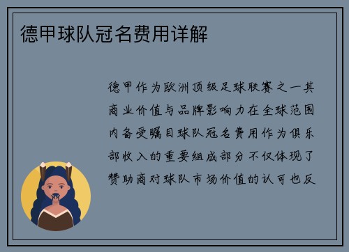 德甲球队冠名费用详解